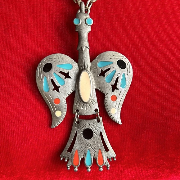Vintage Pewter Enameled Thunderbird Necklace - Picture 2 of 6